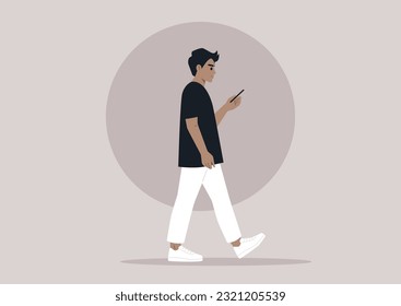 A full body portrait of a young male Caucasian character using their phone on the go