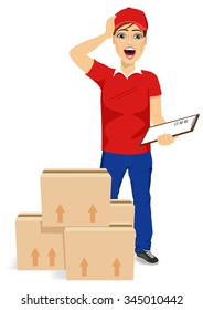 full body portraoit of delivery man holding clipboard and grab his head