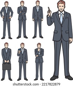 Full body pose of businessman, set.