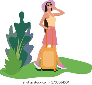 Full body profile side cheerful girl ready to travel abroad in the airport go walk to verification. Young woman with a suitcase and hat in summer day. Girl with baggage. Travel concept