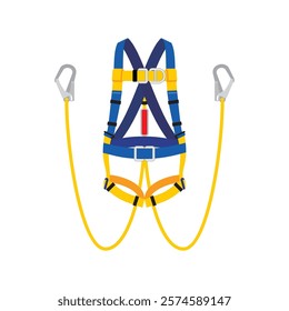 Full body safety harness with two lanyard, hook, and absorber. Personal protective equipment and gear for working at height to prevent falling.