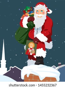 Full body of a Santa Claus posing with a bag full of gifts.