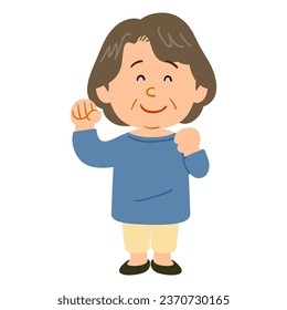 Full body of a senior woman wearing a blue cut-and-sew shirt looking excited