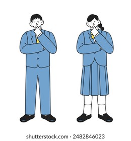 Full body set of male and female students in school uniforms with their heads tilted back in distress.