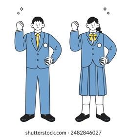 Full body set of male and female students in school uniforms posing with guts with positive and strong expressions