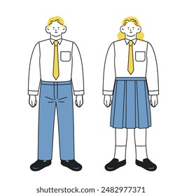 Full body set of male and female students in uniform