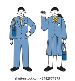 Full body set of male and female students in uniform posing with positive expressions