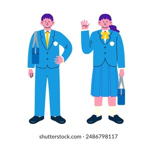 Full body set of male and female students in uniform posing with positive expressions