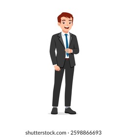 Full body shot of a businessman in a suit standing and smiling with his hand on coat button