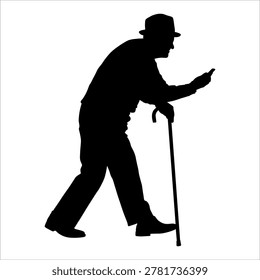 Full body silhouette of an elderly man wearing a hat and leaning on a walking cane while using a smartphone, isolated on a white background