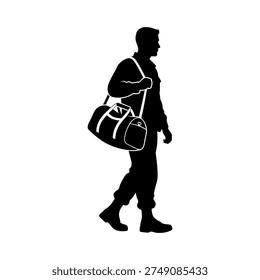Full body silhouette of a man in profile, walking and carrying a duffel bag over his shoulder, isolated on a white background.