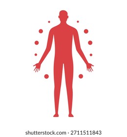 Silueta de cuerpo completo con múltiples puntos de dolor resaltados mostrados en un diseño limpio de estilo médico sobre un fondo blanco, ilustración de Vector EPS.