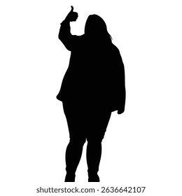 A full body silhouette of a woman standing and giving a thumbs up. The background is plain white, accentuating the shape and its gesture of success, agreement, or positive feedback.
