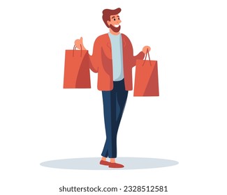 Full body size view of him he is a nice attractive cheerful cheerful guy carrying new things, packages of clothes, vector illustration