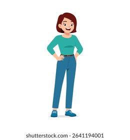 Full Body of a Smiling Woman Posing with Hands on Hips in Casual Clothes Illustration