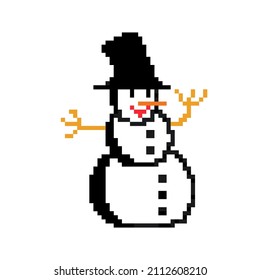 Full body snowman in a hat, with a carrot nose, drawn in pixel art. Vector 8 bit style winter cute snowman illustration. Isolated snowman character for video game, sticker or decoration.