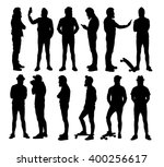 Full body standing hipster in different situations. Set or collection of various bearded man vector silhouettes. 