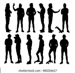 Full Body Standing Hipster In Different Situations. Set Or Collection Of Various Bearded Man Vector Silhouettes. 