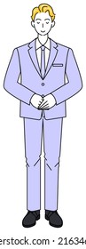 Full body standing pretty man in suit bowing with head slightly bowed. Illustration of hands folded with left hand on top Vector