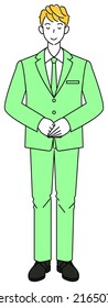 Full body standing pretty man in suit bowing with head slightly bowed. Illustration of hands folded with left hand on top Vector