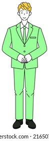 Full body standing pretty man in suit bowing with head slightly bowed. Illustration of hands folded with right hand on top Vector