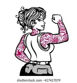 Full body tattooed girl, old school tattoo inked woman vector illustration