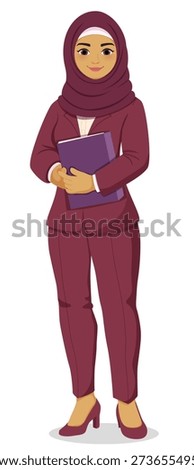 Full body vector of a confident Muslim woman in professional office wear with hijab and business documents isolated on white