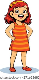 Ilustración vectorial de cuerpo completo de un personaje de dibujos animados de niña sonriente linda con cabello rojo y vestido de rayas, de pie con confianza con las manos en las caderas. Aislado en el fondo blanco para la educación de los niños, libros, juegos y App.