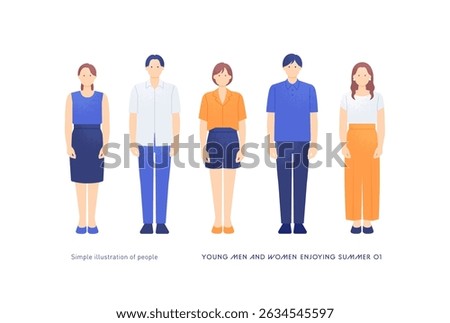Full body vector illustration of five young men and women in summer outfits facing front