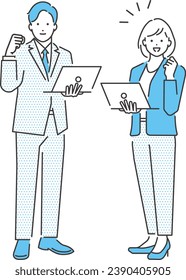 Full body vector illustration material of a businessman and businesswoman doing a fist pump