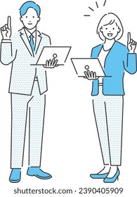 Full body vector illustration material of a businessman and businesswoman holding up their index fingers and explaining