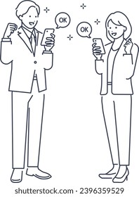 Full body vector illustration material of a businessman and businesswoman who are happy looking at their mobile phones