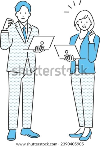 Full body vector illustration material of a businessman and businesswoman doing a fist pump