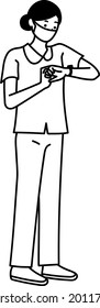 Full body vector illustration of a nurse looking at a clock