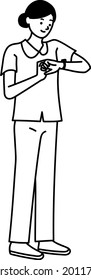 Full body vector illustration of a nurse looking at a clock