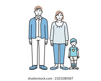 Full body vector illustration of a young couple with a child in front of them