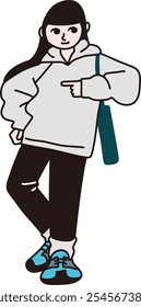 Ganzkörper-Vektorlinienzeichnung einer Frau in einem Kapuzenpullover