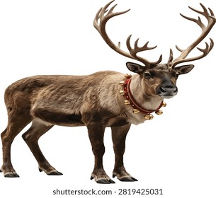 A full body view of a reindeer standing isolated on a white background wearing a brown leather collar adorned with bells