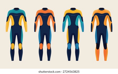 Fatos de banho de corpo inteiro em diferentes variações de cor exibidos lado a lado uma água de surf fundo claro