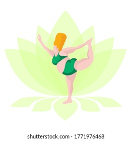 Full body woman practices yoga on lotus background .Vector illustration in flat style. Happy body positive concept