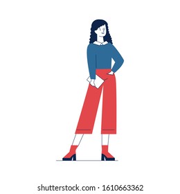 Full body of woman with tablet. Female character wearing casual, holding gadget flat vector illustration. Communication, modern student, people concept for banner, website design or landing web page
