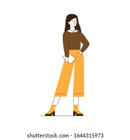 Full body of woman with tablet. Female character wearing casual, holding gadget flat vector illustration. Communication, modern student, people concept for banner, website design or landing web page