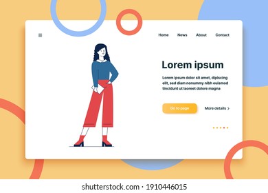 Full body of woman with tablet. Female character wearing casual, holding gadget flat vector illustration. Communication, modern student, people concept for banner, website design or landing web page