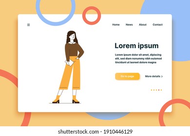 Full body of woman with tablet. Female character wearing casual, holding gadget flat vector illustration. Communication, modern student, people concept for banner, website design or landing web page