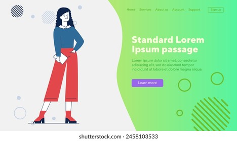 Full body of woman with tablet. Female character wearing casual, holding gadget flat vector illustration. Communication, modern student, people concept for banner, website design or landing web page