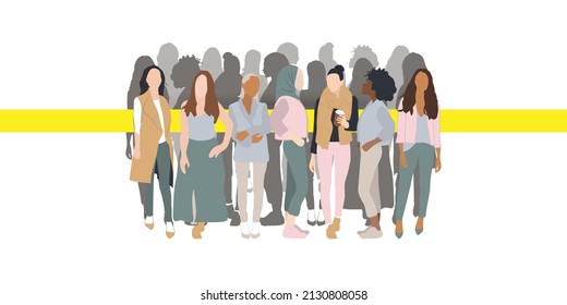 full body women of different ethnicities stand side by side together. concept of empowerment, solidarity, feminism, multi cultural and diverse community team. Flat vector illustration background.