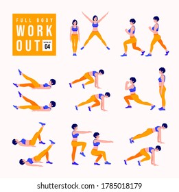 Full Body Workout Set. Women doing fitness and yoga exercises. Lunges, Pushups, Squats, Dumbbell rows, Burpees, Side planks, Situps, Glute bridge, Leg Raise, Russian Twist, Side Crunch .etc