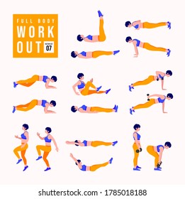 Full Body Workout Set. Women doing fitness and yoga exercises. Lunges, Pushups, Squats, Dumbbell rows, Burpees, Side planks, Situps, Glute bridge, Leg Raise, Russian Twist, Side Crunch .etc