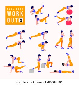 Full Body Workout Set. Women doing fitness and yoga exercises. Lunges, Pushups, Squats, Dumbbell rows, Burpees, Side planks, Situps, Glute bridge, Leg Raise, Russian Twist, Side Crunch .etc