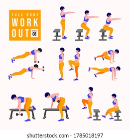 Full Body Workout Set. Women doing fitness and yoga exercises. Lunges, Pushups, Squats, Dumbbell rows, Burpees, Side planks, Situps, Glute bridge, Leg Raise, Russian Twist, Side Crunch .etc